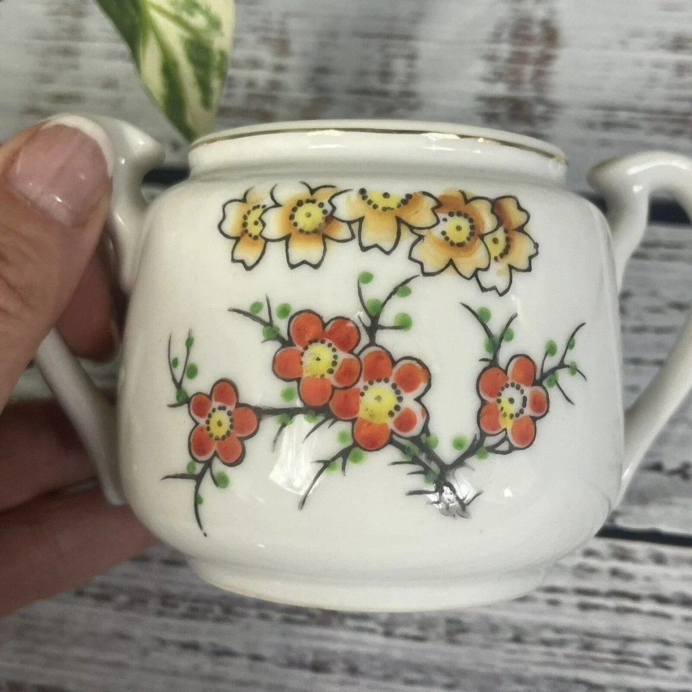 Vintage Hall's Orange Poppy Sugar Bowl & Lid Porcelain with Gold Trim